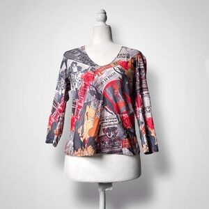 Y2k Georgiou Studio Red Floral Abstract Boho Art Nouveau 3/4 Sleeve Blouse Large